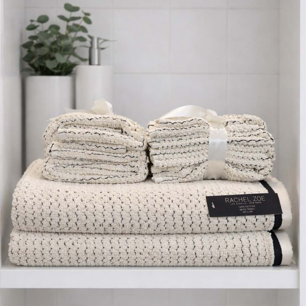 NWT Rachel Zoe Black & Ivory Textured Stripe 8-Piece Towel Set 100% Cotton